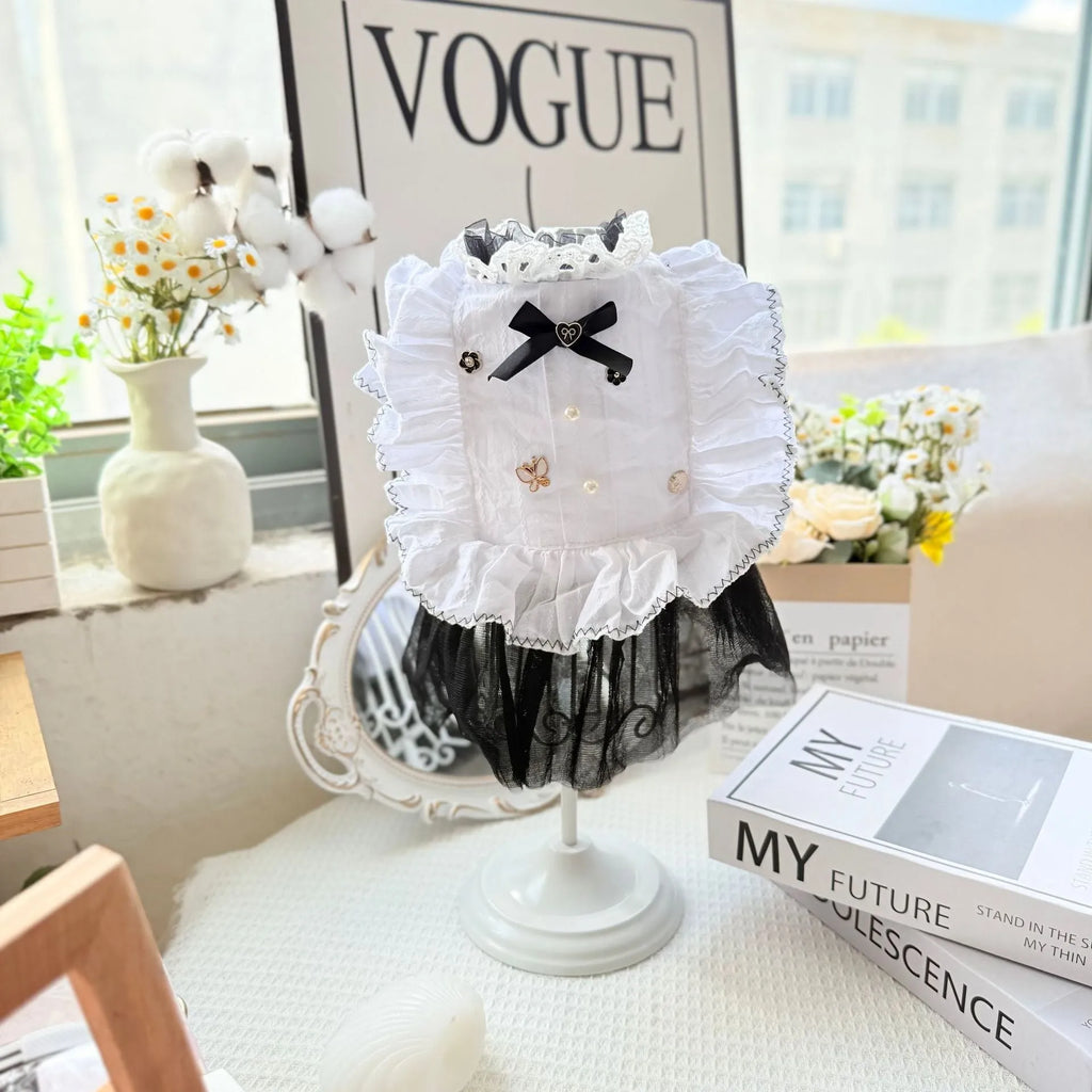 White yarn skirt princess style dog clothing on mannequin showing gauze skirt design