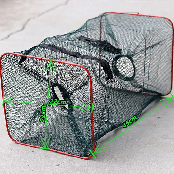 Two-hole folding nylon lobster basket with red plastic pipe structure for lobster catching