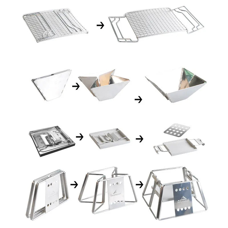 Portable stainless steel folding BBQ grill with non-stick surface in silver, with carrying case, for outdoor camping and picnics