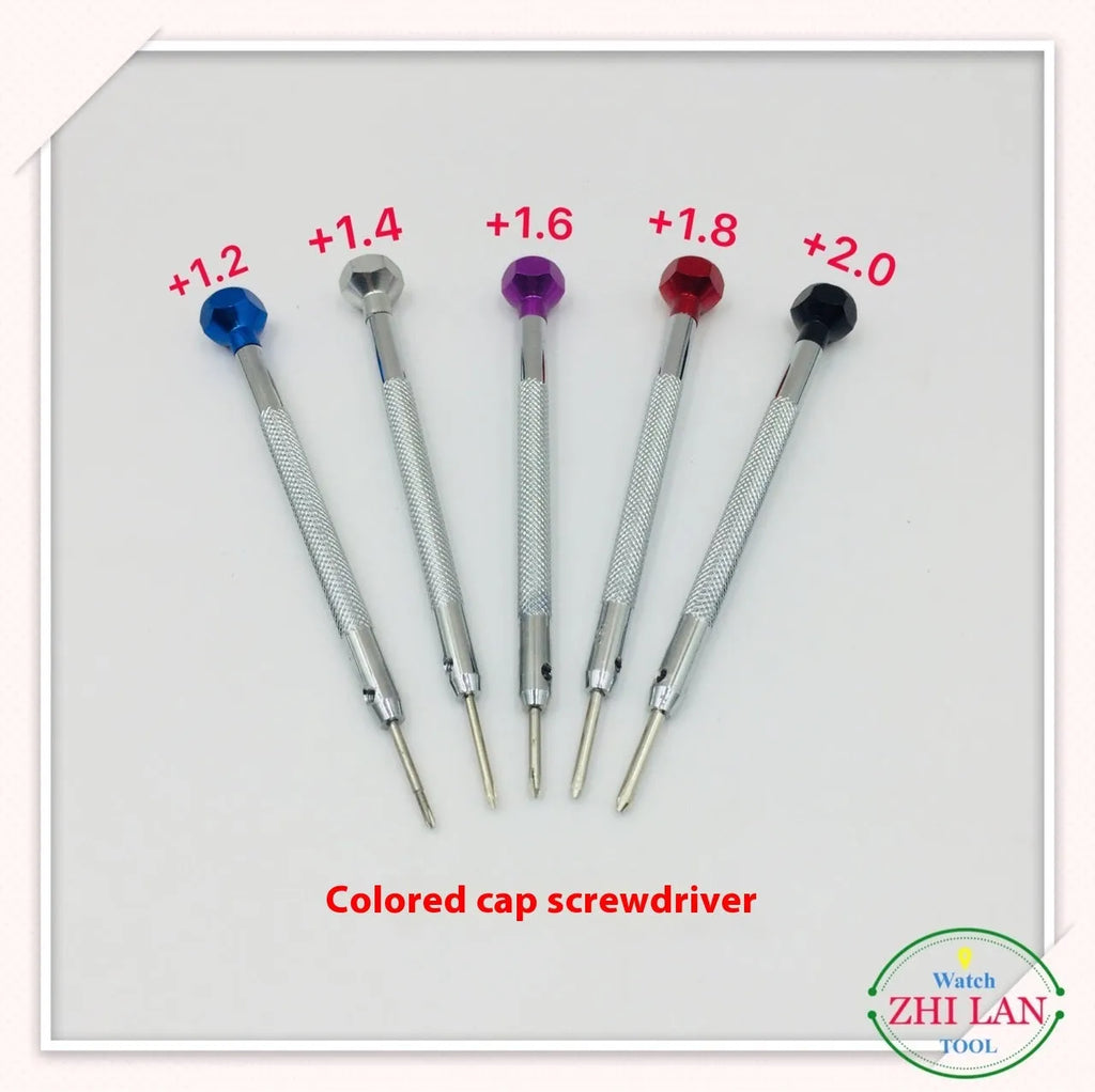 Six-piece watch repair screwdriver set with colour-coded aluminium handles and copper construction