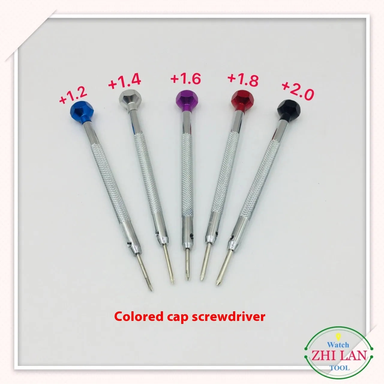 Six-piece watch repair screwdriver set with colour-coded aluminium handles and copper construction
