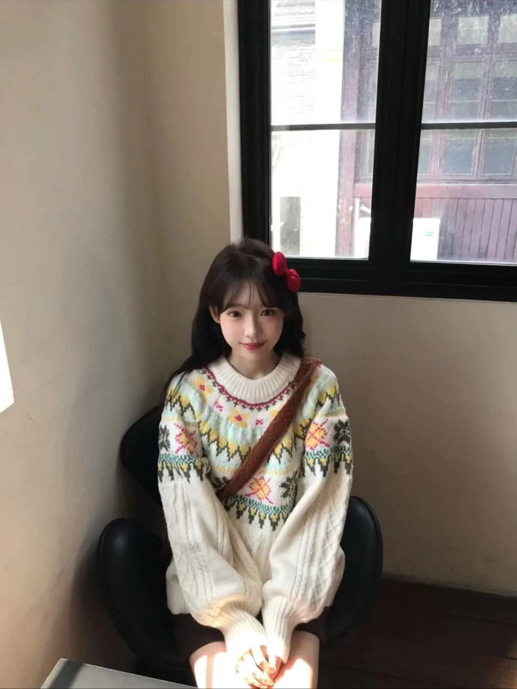 Women's milky white lantern sleeve pullover knitwear with oversized mori style