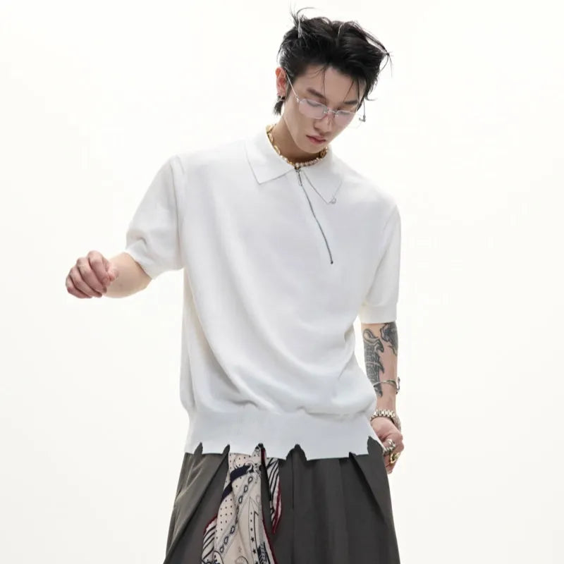Men's slim-fit knitted polo shirt with oblique zipper in ice-feeling polyester fabric