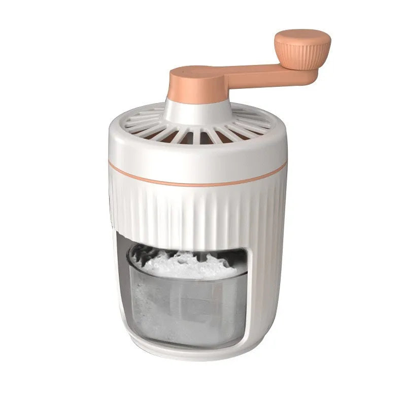 Hand-cranked ice shaving machine in green and orange, with removable ice box and ergonomic handle