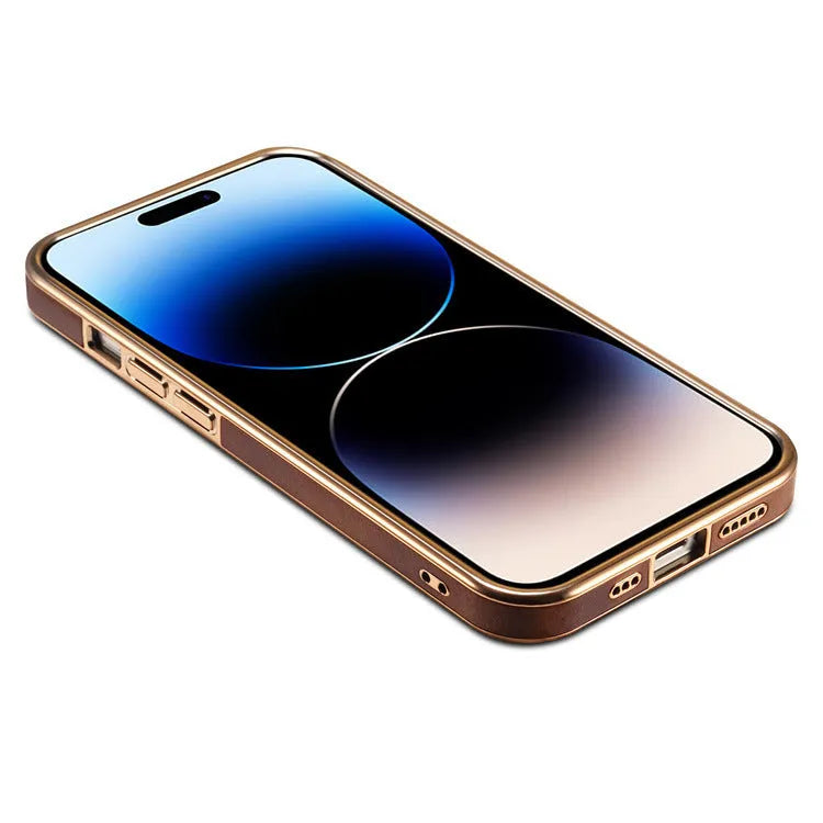 Slim handmade leather protective case for Apple iPhone on a table
