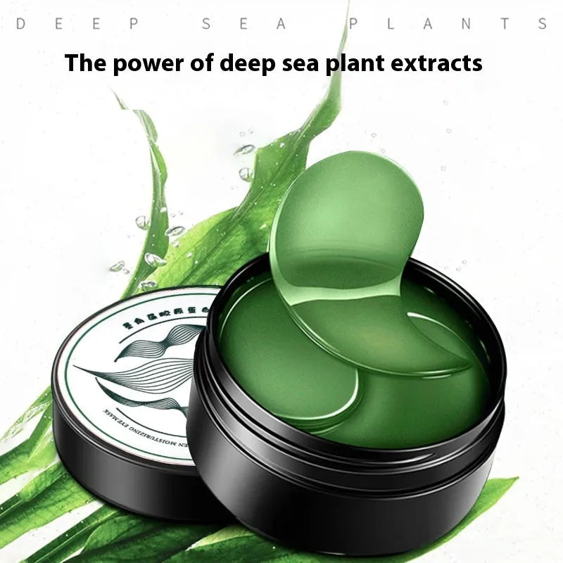 Pack of 60 seaweed collagen essence eye mask tablets on a sheet with ink horn adhesive.