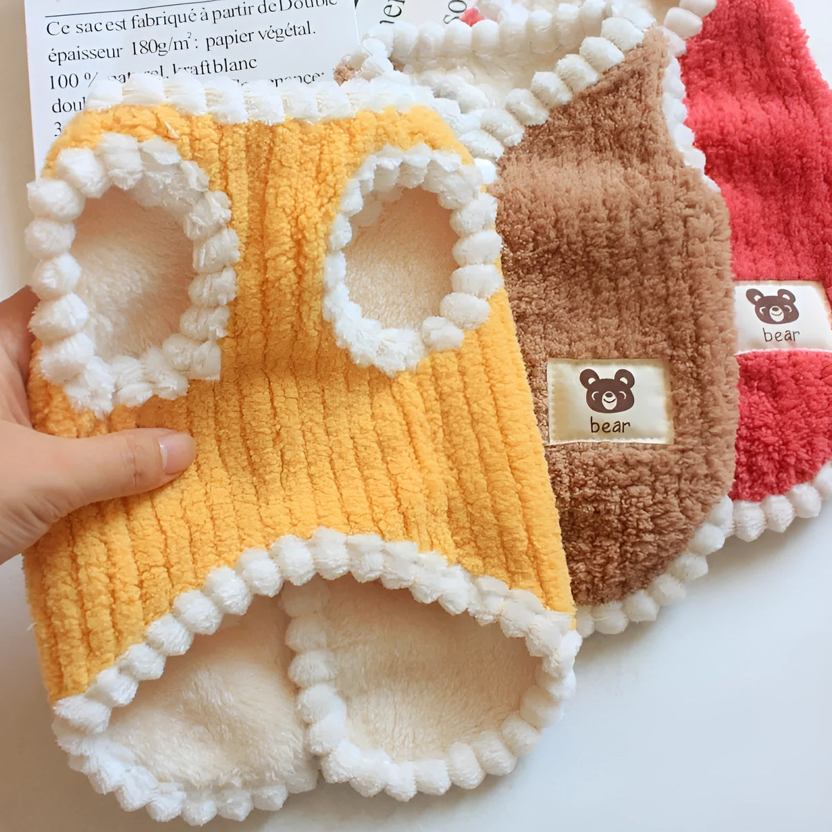 Dibi Bear dog and cat coral fleece vest with fleece trim in brown, watermelon red or yellow, sizes S to XXL