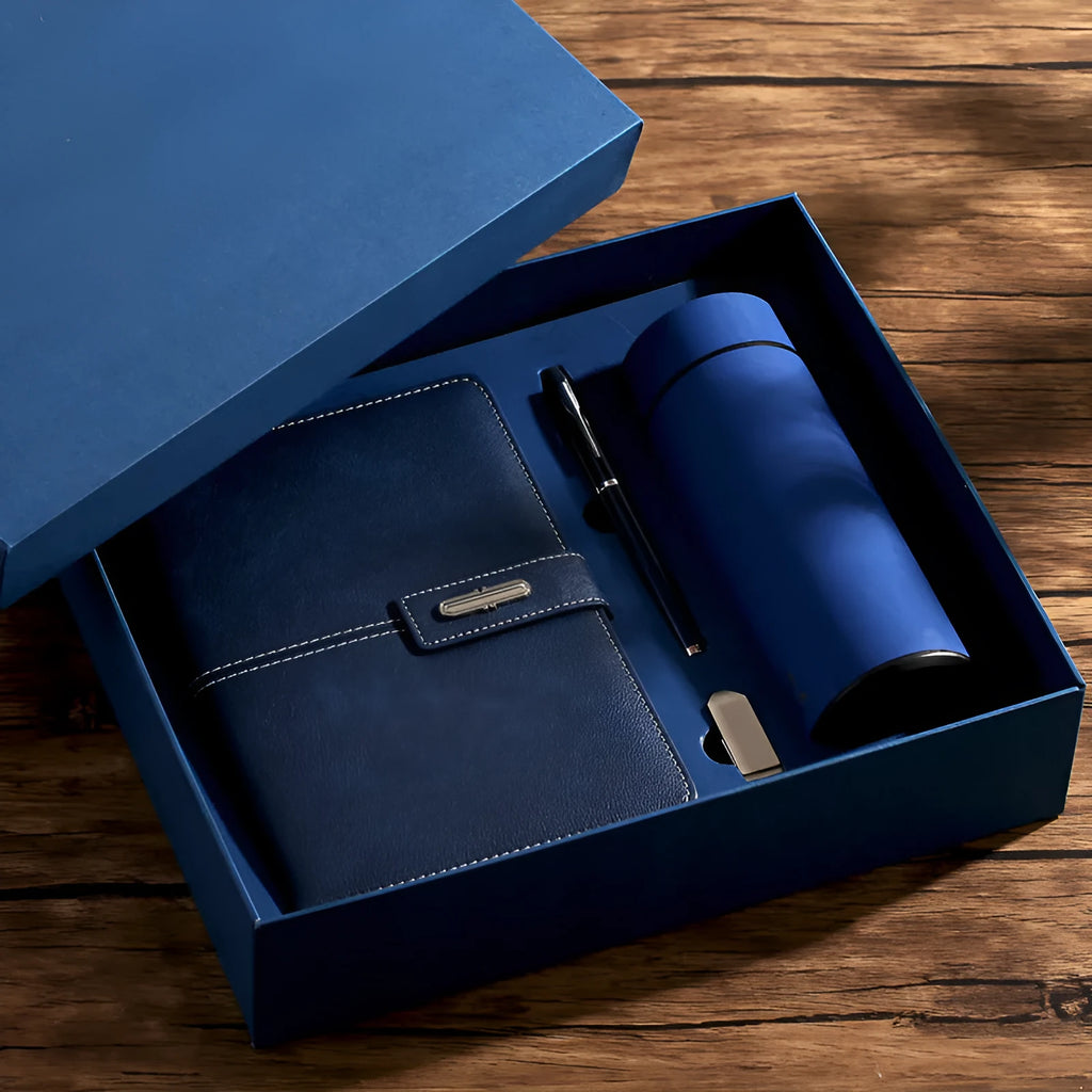Custom A5 notebook with PU leather cover in multiple colour options showing wood-free paper pages