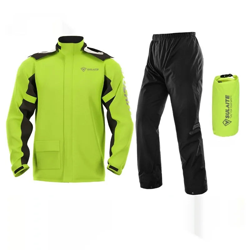 Motorcycle rain suit set with split raincoat, rain pants, hidden shoe covers, and a storage bag.