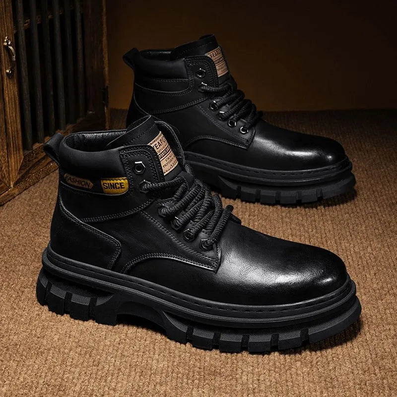 Men's brown round toe Martin boots with lace-up front and a stout heel on a rubber sole.