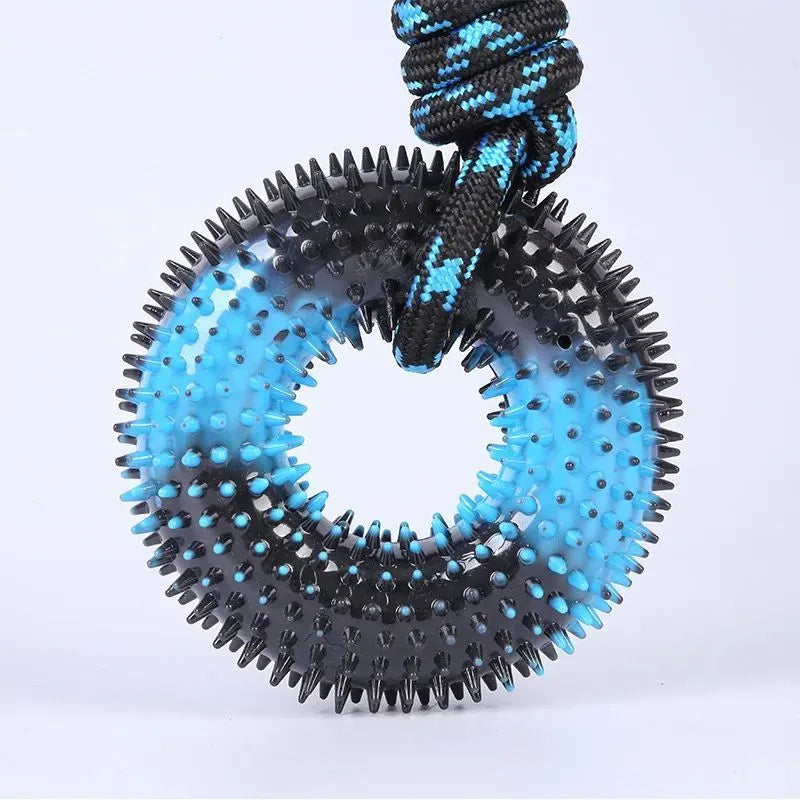 Double colour knot rope dog toy with barbed circle in blue and orange, 48x12.5cm