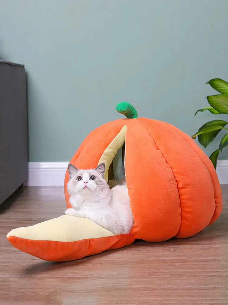 Winter closed pumpkin nest pet bed in orange, grey or green for cats, small dogs and rabbits, M and L sizes