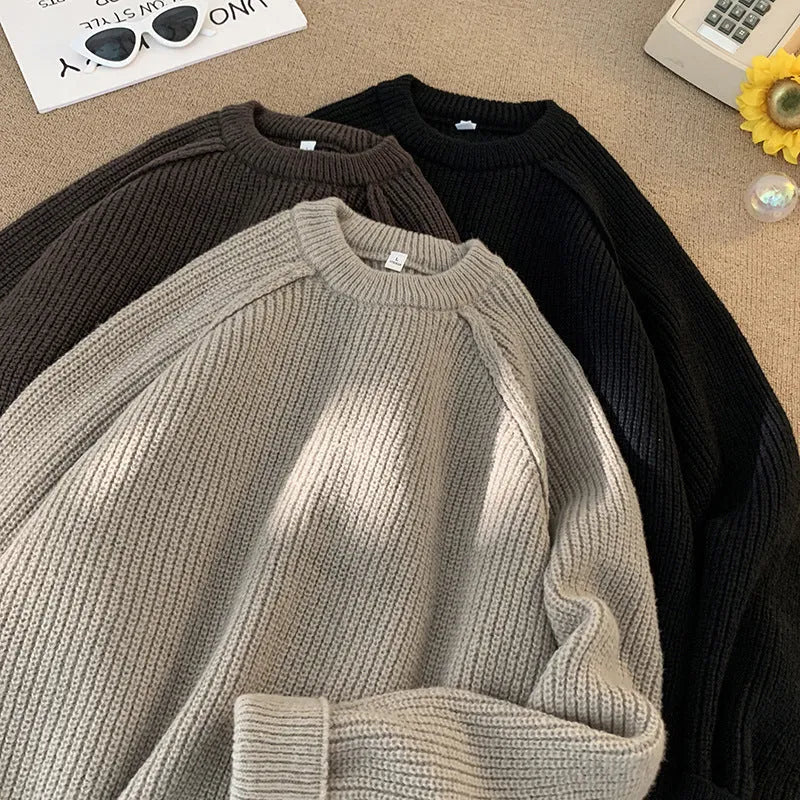 Men's loose casual long sleeve pullover sweater in black, brown, and greige colours, 100 percent polyester
