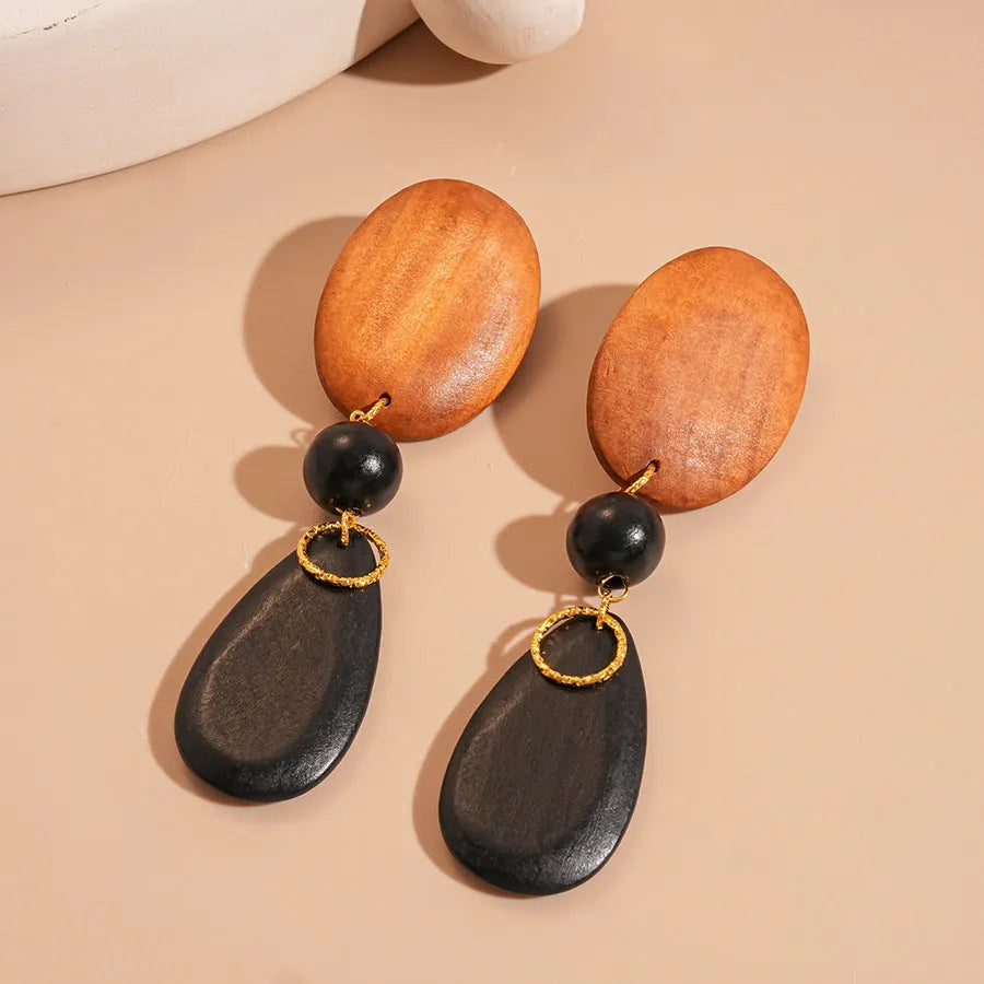 Handmade wooden ellipse earrings in silver needle-brown-black colour with European-American styling