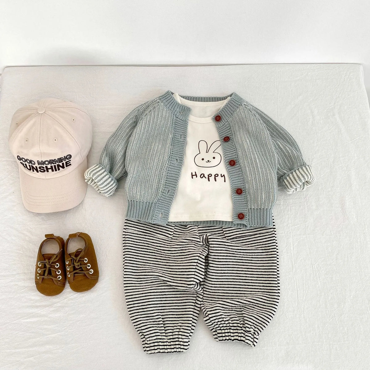 Infant two-colour twist round neck knitted coat in grey and lake blue stripes, cotton cardigan, sizes 66cm to 100cm