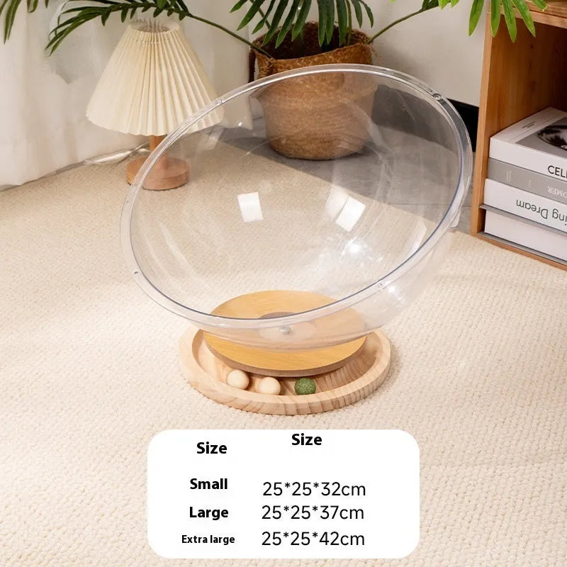 Transparent acrylic space capsule turntable cat bed enclosure shown in clear material with turntable base