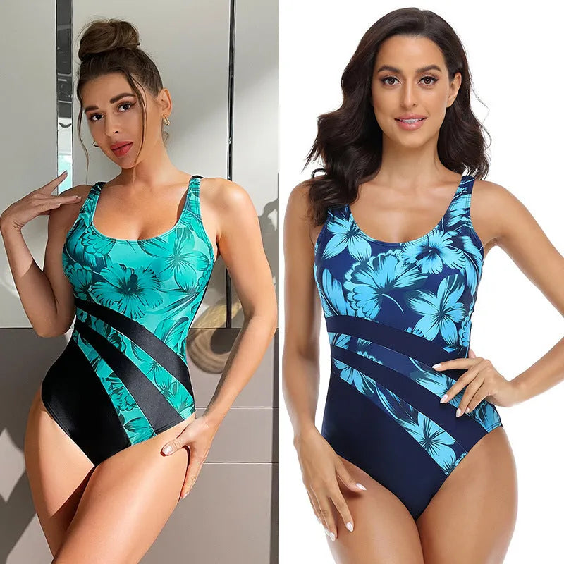 Women's conservative printed one-piece swimsuit in chemical fibre blend fabric