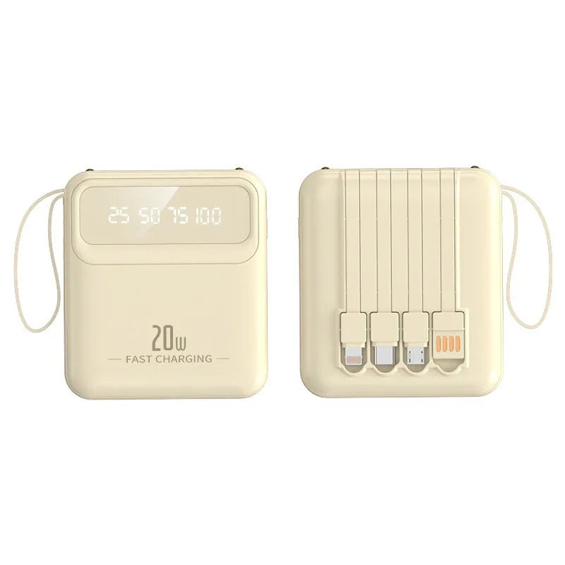 Power bank with four built-in lines and digital display, 89x79x27mm, in black, beige, blue, purple, green, or rose red