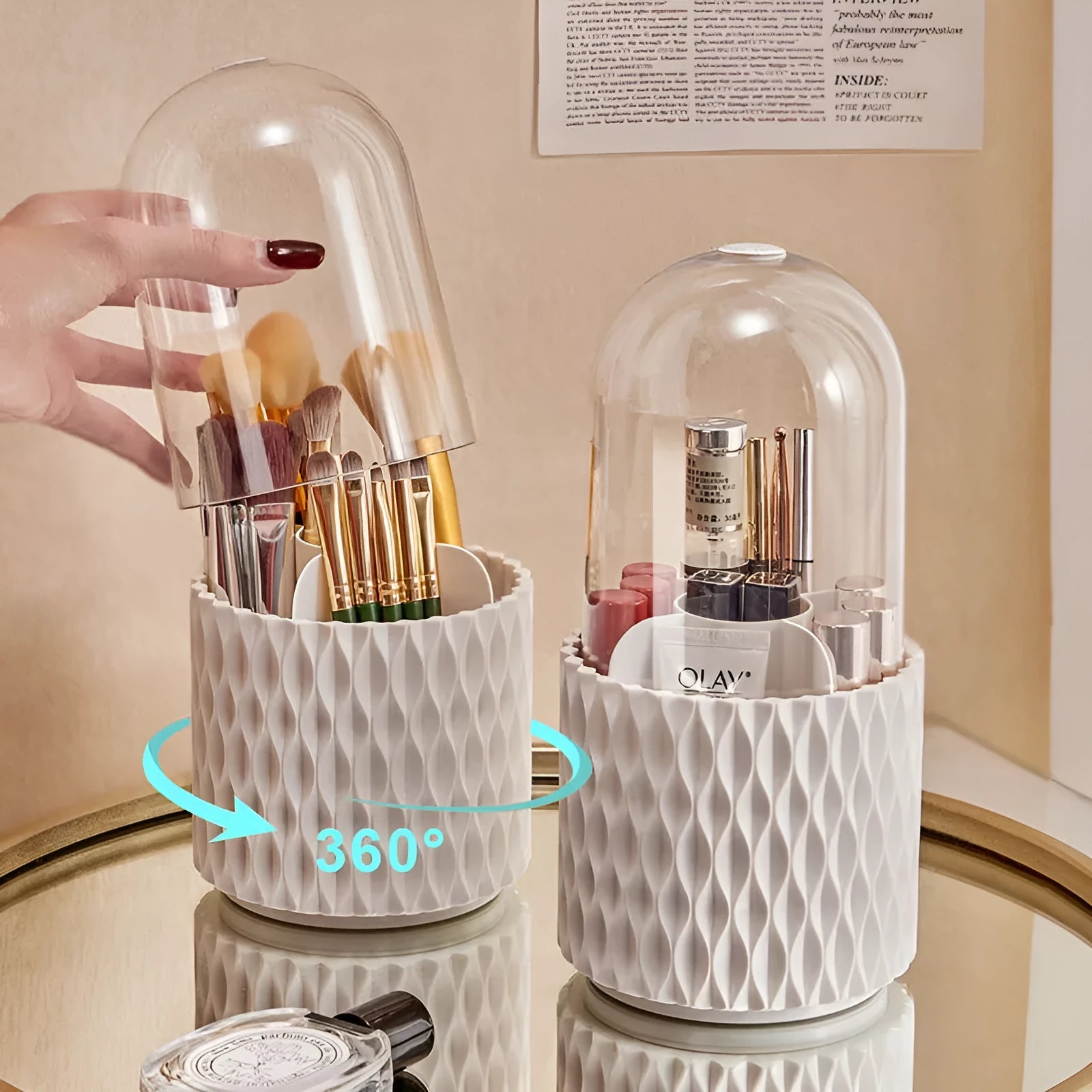 White rotating makeup brush storage box with transparent dust-proof cover on desktop
