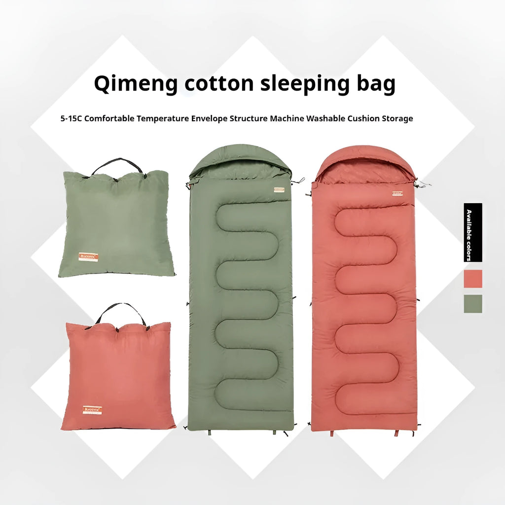 Ochre and olive green portable cotton camping sleeping bag quilt laid out flat.