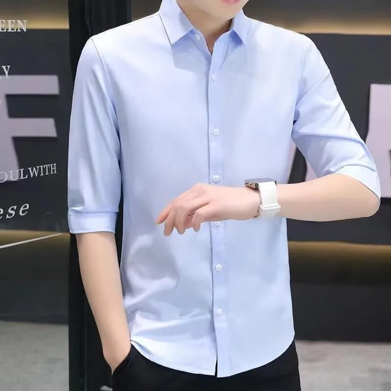 Men's slim-fit half-sleeve shirt in linen and silk blend, shown in a solid colour with a non-iron finish.