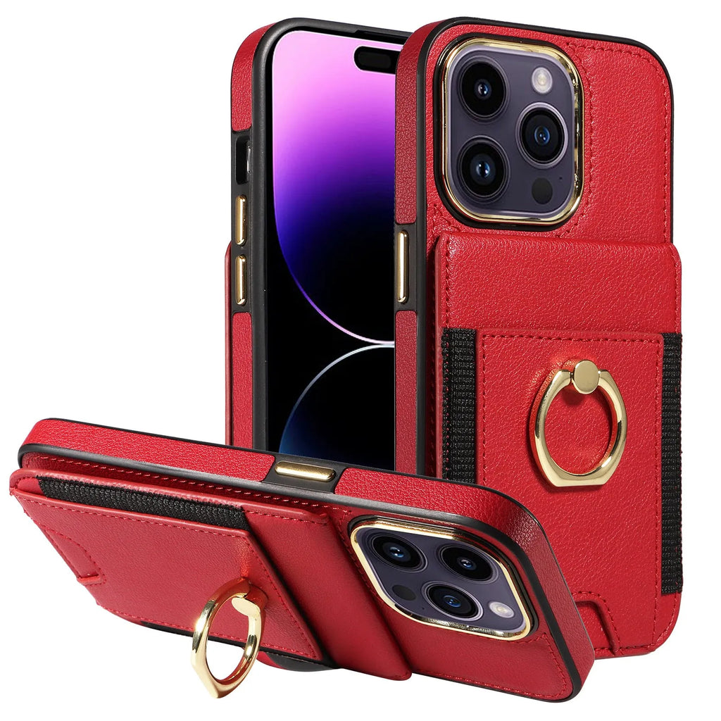 Black imitation leather phone case with card slot, bracket, and magnetic back for iPhone