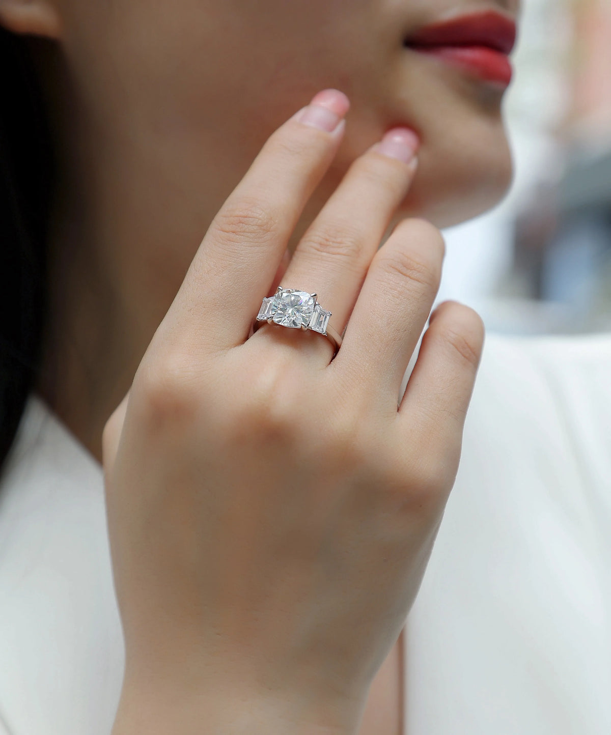 Square 9x9mm moissanite wedding ring set in S925 silver with platinum plating, gift box packaging