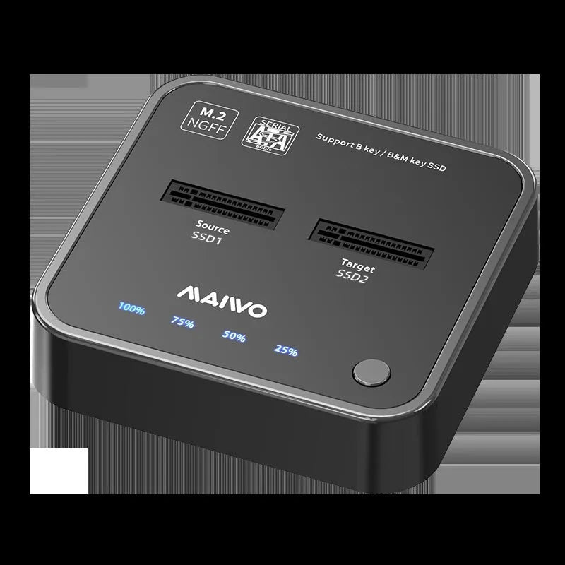 MAIWO K3016 M.2 SSD docking station and hard drive duplicator unit with cables.