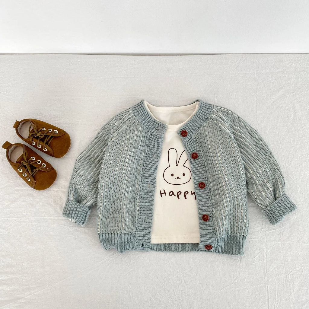 Infant two-colour twist round neck knitted coat in grey and lake blue stripes, cotton cardigan, sizes 66cm to 100cm