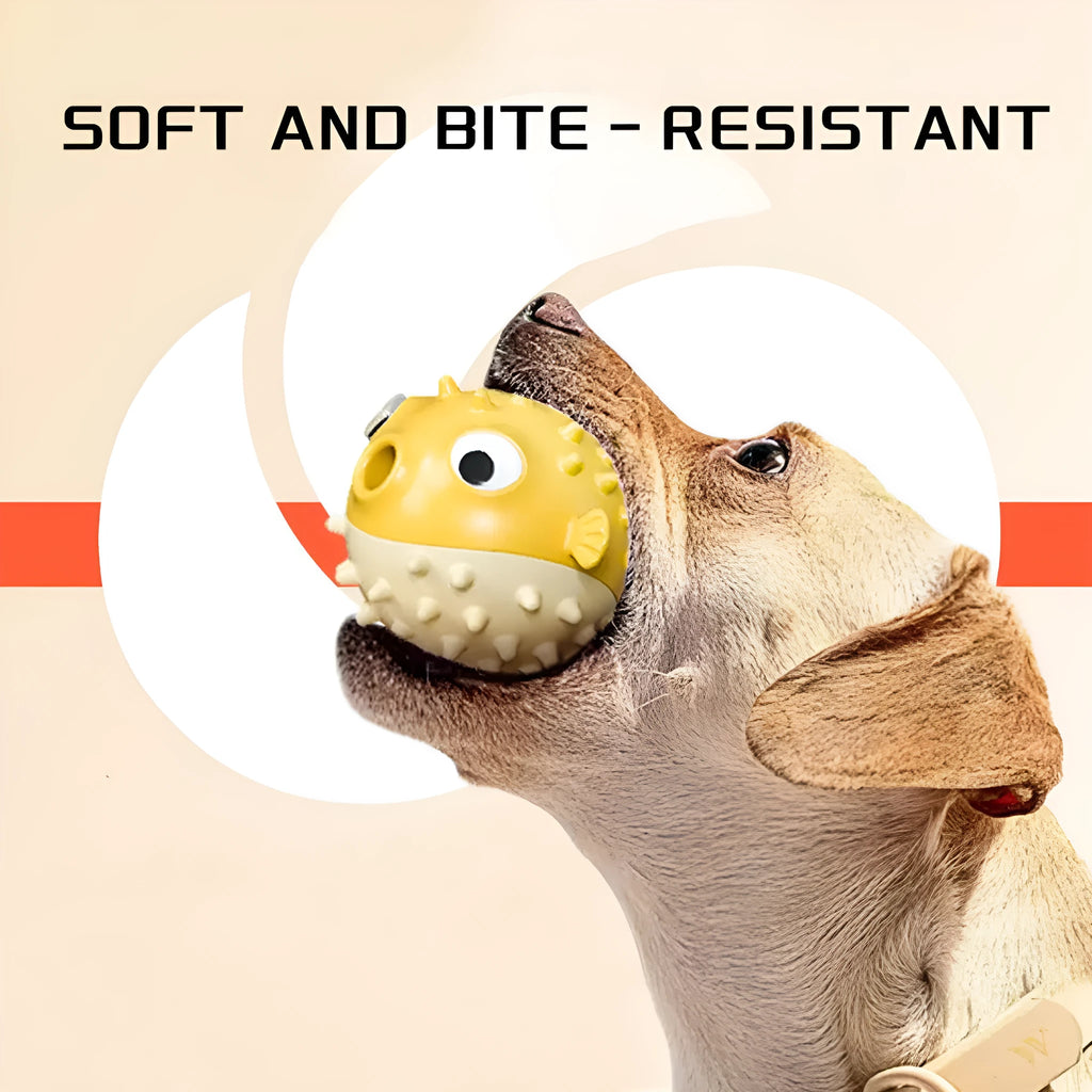 Yellow vinyl fish-shaped dog chew toy with textured surface for tough chewing and dental care.
