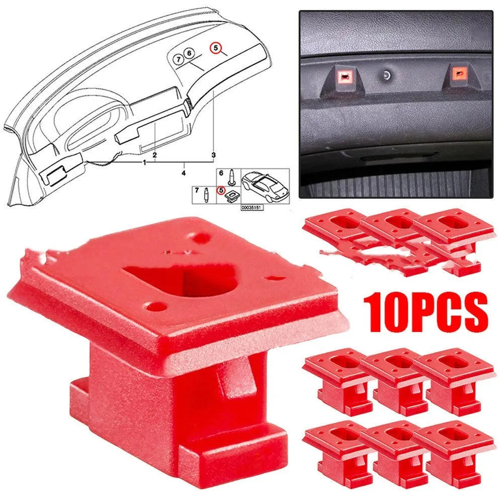 10 black plastic BMW interior door trim panel replacement clips on a white background