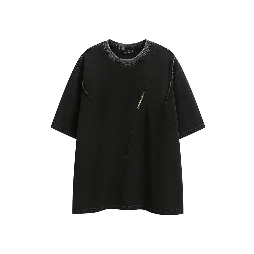 Men's loose-fit black embroidered retro short-sleeved cotton T-shirt on a hanger.