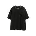 Men's loose-fit black embroidered retro short-sleeved cotton T-shirt on a hanger.