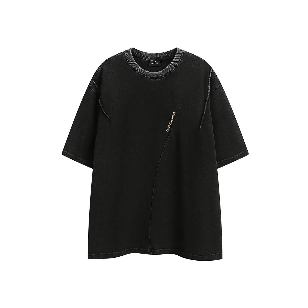 Men's loose-fit black embroidered retro short-sleeved cotton T-shirt on a hanger.