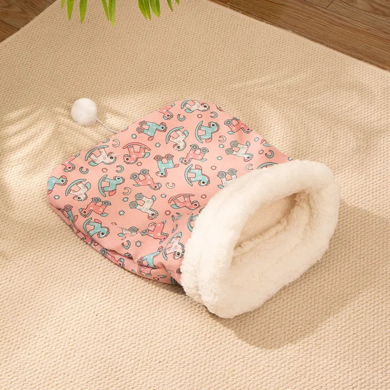 Flannel cat sleeping bag nest in blue rabbit design, measuring 50x40 cm