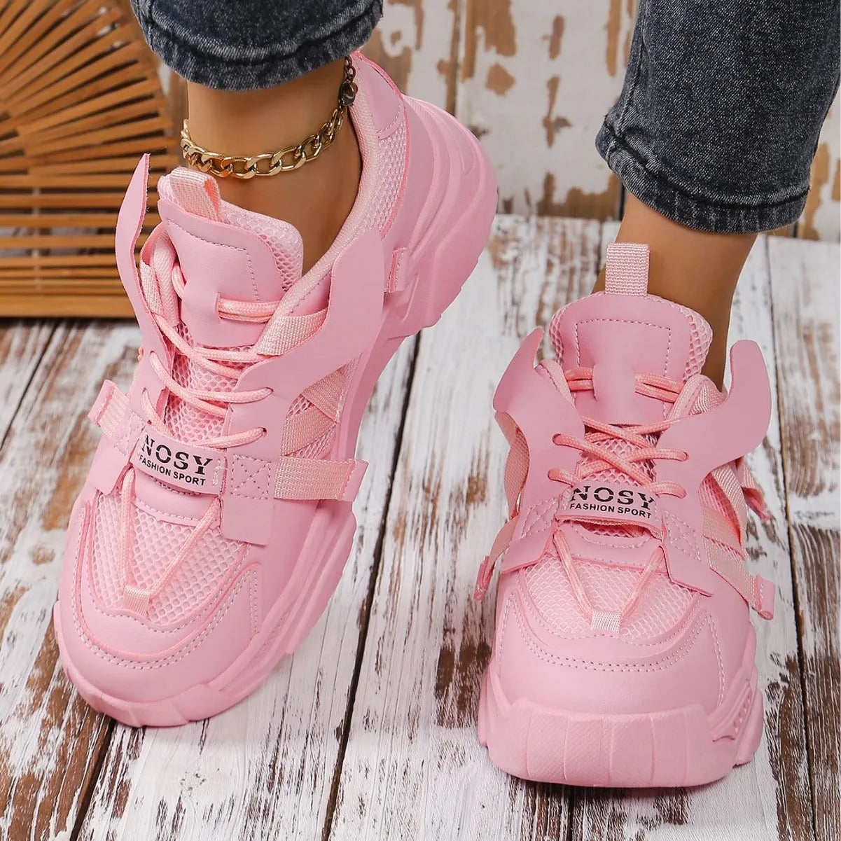 Women's platform mesh sports shoes in purple, green, white, pink and yellow colours with front lace-up design