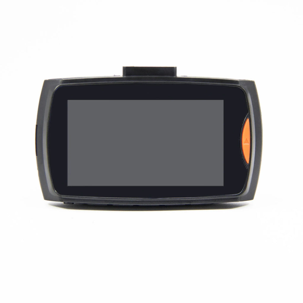 G30 HD dual camera car DVR dashboard recorder mounted on windscreen with rear camera view on display.