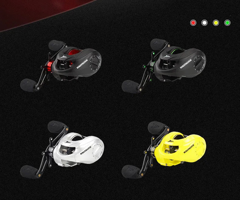 Yellow water drop baitcasting reel with left-hand retrieve showing dual brake dials and graphite body