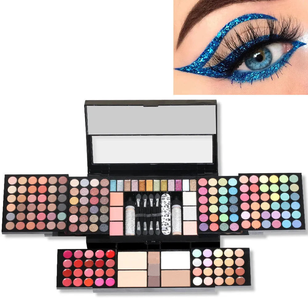 120 colour matte eye shadow palette in compact case with solid pink, purple, brown, and blue shades