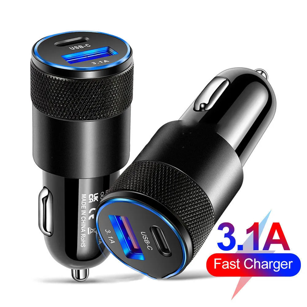 Aluminium alloy car charger showing compact 2.5x6cm dimensions with 12V input for vehicle use