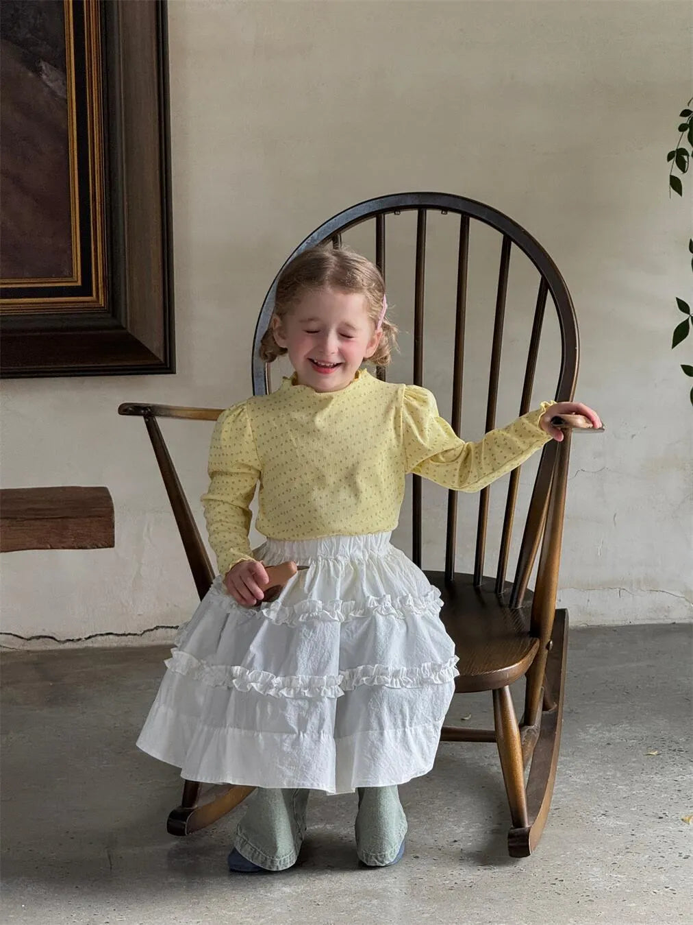 Girls' yellow floral knitted pullover with wooden ear detail and bubble sleeves, cotton, long sleeve