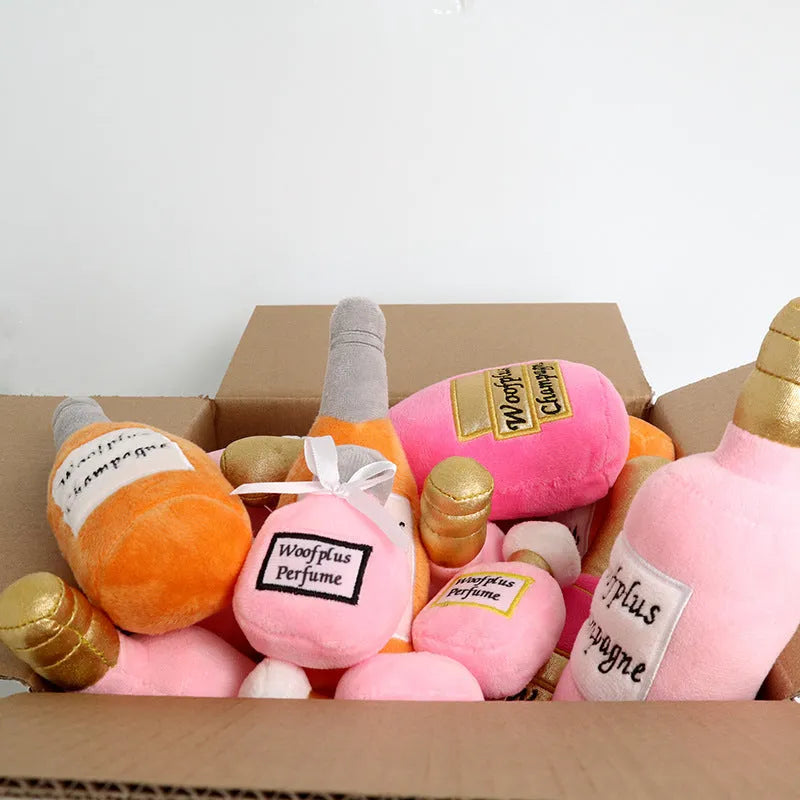 Plush wine bottle shaped pet toy for dogs and cats in multiple colours