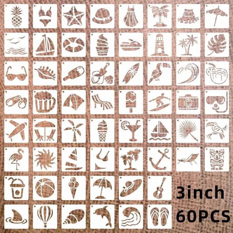 Milky white PET film spray painting stencil templates showing hollow cut-out designs including animals, letters, and floral patterns.