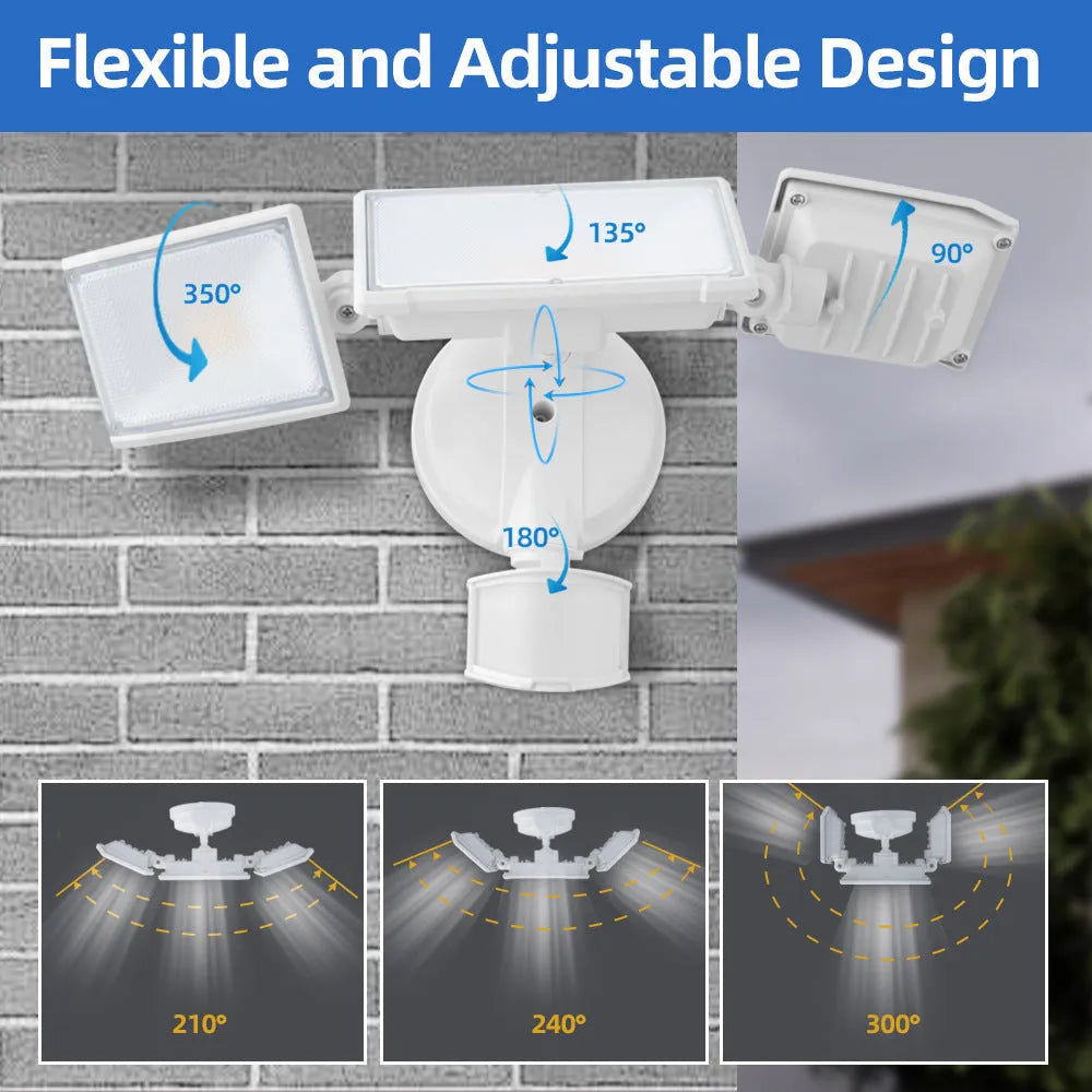 White or black SCU2203-PIR LED flood light with motion sensor for outdoor security mounting.
