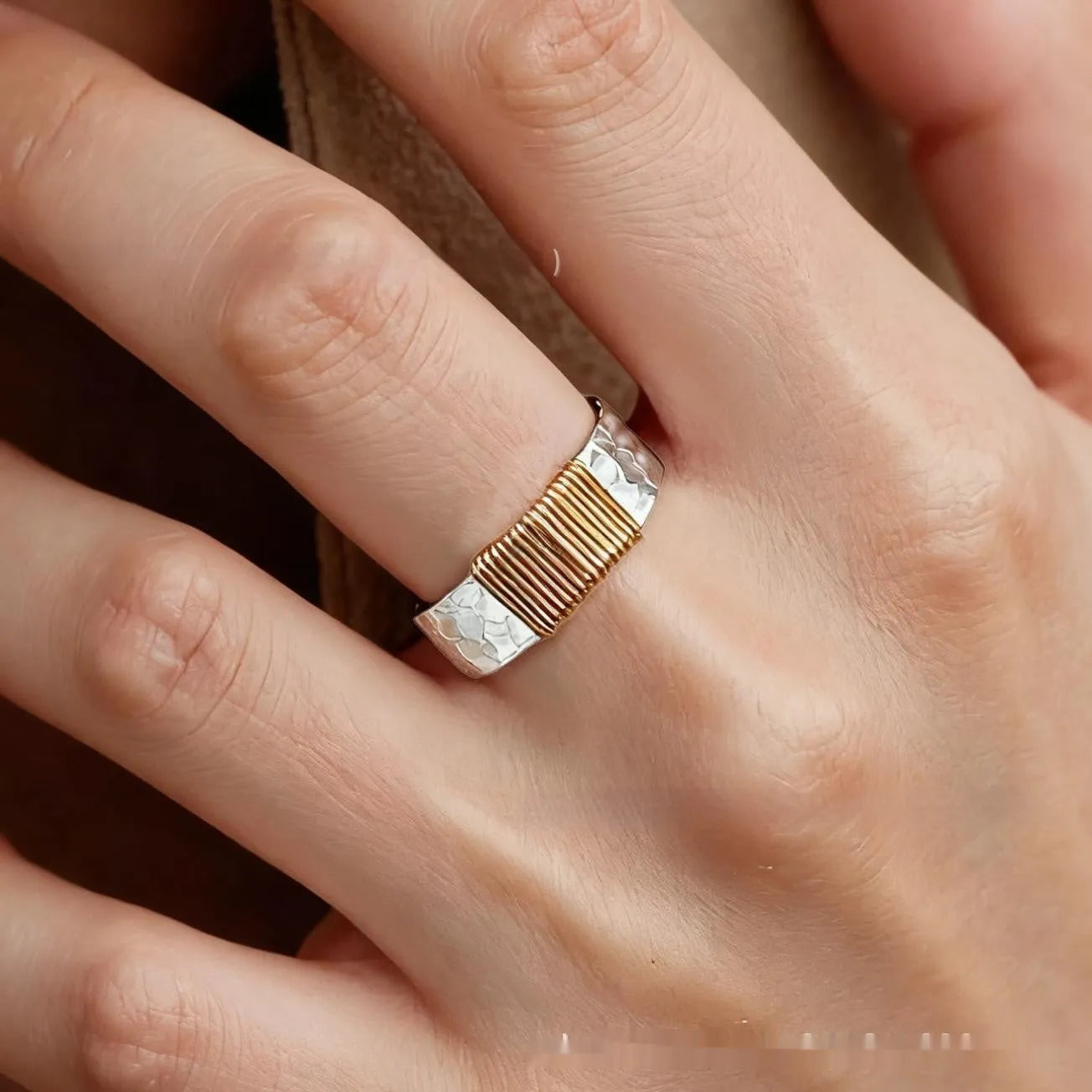 Copper unisex geometric ring with irregular coil design, silver gold electroplated finish, wide face, sizes 5 to 11