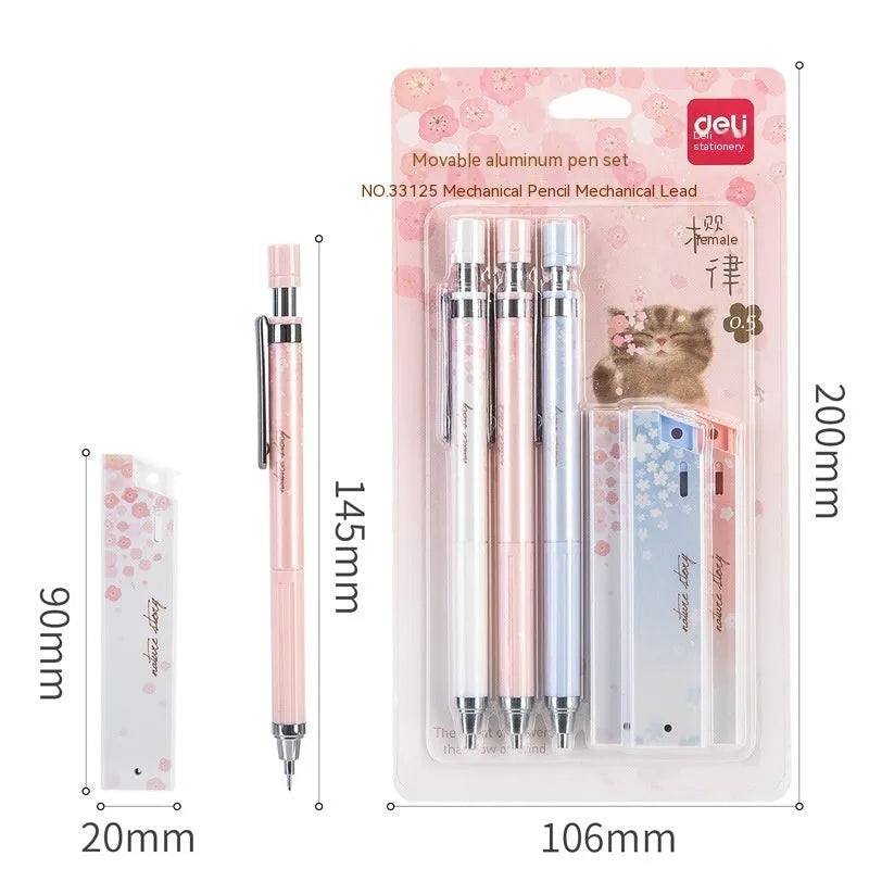 0.5mm cartoon sakura automatic mechanical pencil set with three pencils and refill boxes