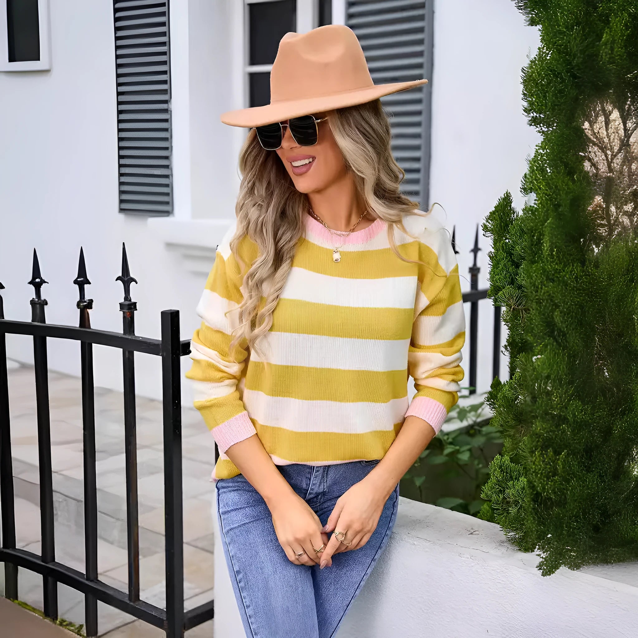 Women's loose fit long sleeve striped acrylic sweater in blue colour