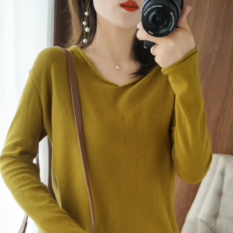 Women's V-neck long sleeve knitwear top in turmeric colour with pullover style and non-ironing fabric