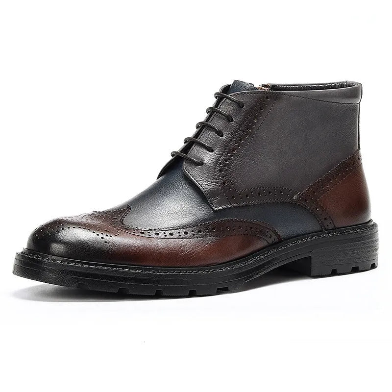 Men's Coffee Blue vintage brogue boots made from cowhide leather with a round toe and low square heel.