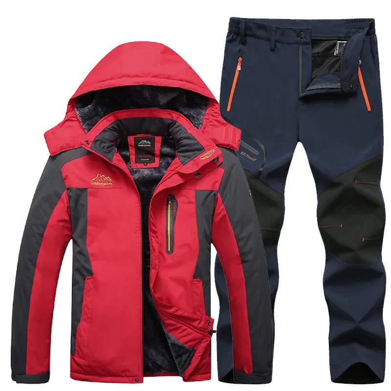 Men's outdoor windproof jacket set with pants in black and army green colour blocking, polyester fabric, for hiking and camping.